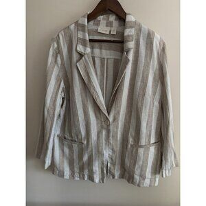 Chico's Womens Large Tan Striped Linen Cotton Blend Blazer Jacket Single-Button